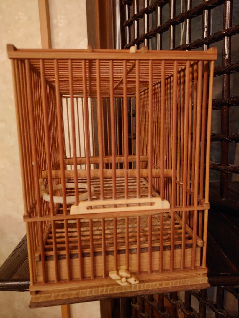 鳥かご メジロ籠　象牙調留具　竹　黒柿　二個セット