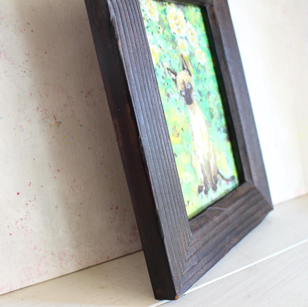 シャム猫の絵 水彩画 原画 額付き「白い薔薇とシャム猫」