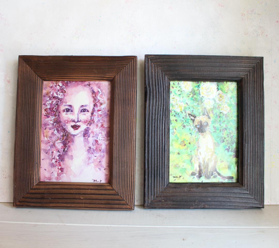 シャム猫の絵 水彩画 原画 額付き「白い薔薇とシャム猫」