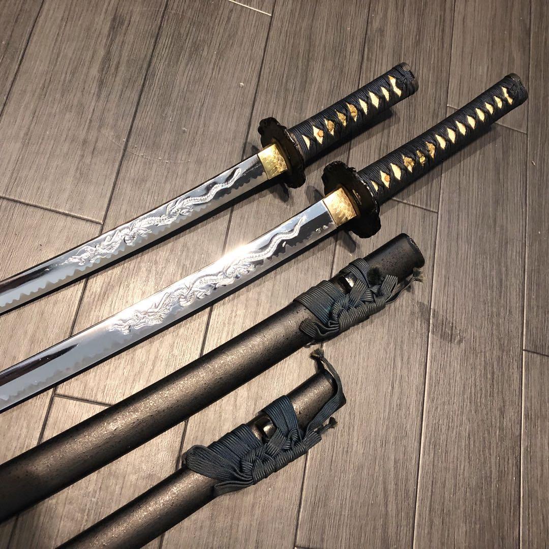 本格模造刀　龍梵字刻印　居合刀　 美術刀剣　太刀　脇差　大小セット　緑拵え