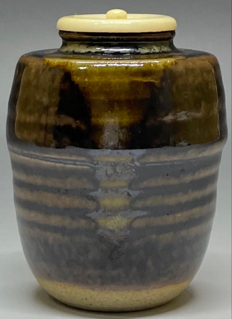 膳所焼　淡海ぜぜ　陽炎園　肩衝茶入 茶道具　仕覆　共箱(四方桟盛蓋) 　V11