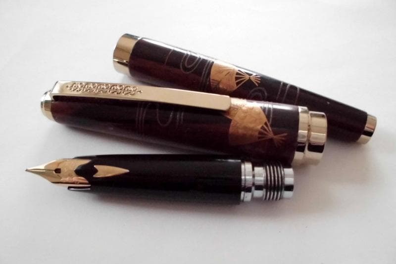 希少★セーラー SAILOR 万年筆 蒔絵 木軸縞黒檀 扇 18K アンティーク