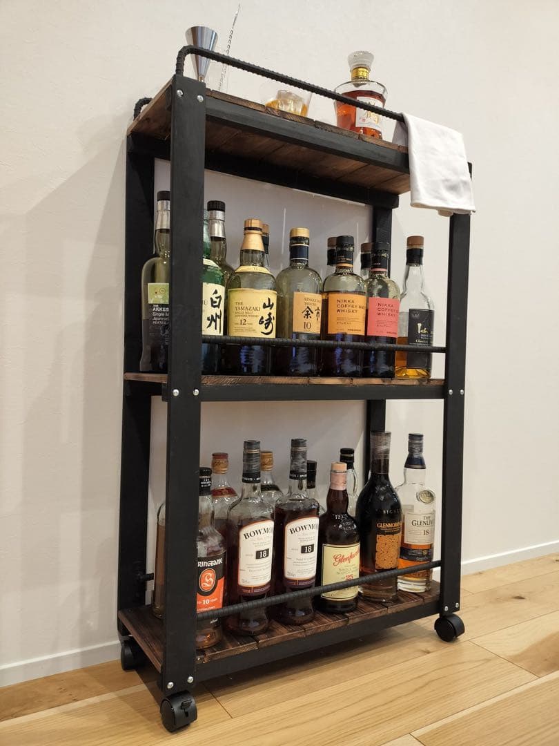 ウィスキーラック　サイドバー　ワゴンタイプ　男前インテリア　棚