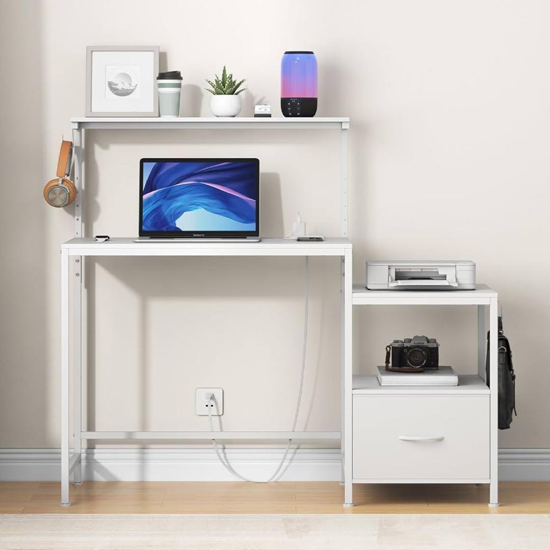 パソコンデスク ゲーミングデスク ラック＆コンセントプリンター台付き(ホワイト)