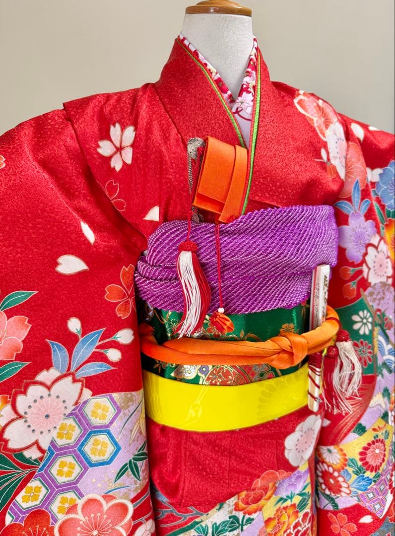7歳七五三　フルセット　赤系着物　草履バッグ付き