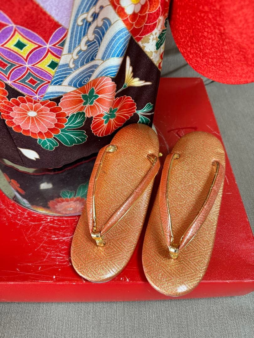 7歳七五三　フルセット　赤系着物　草履バッグ付き