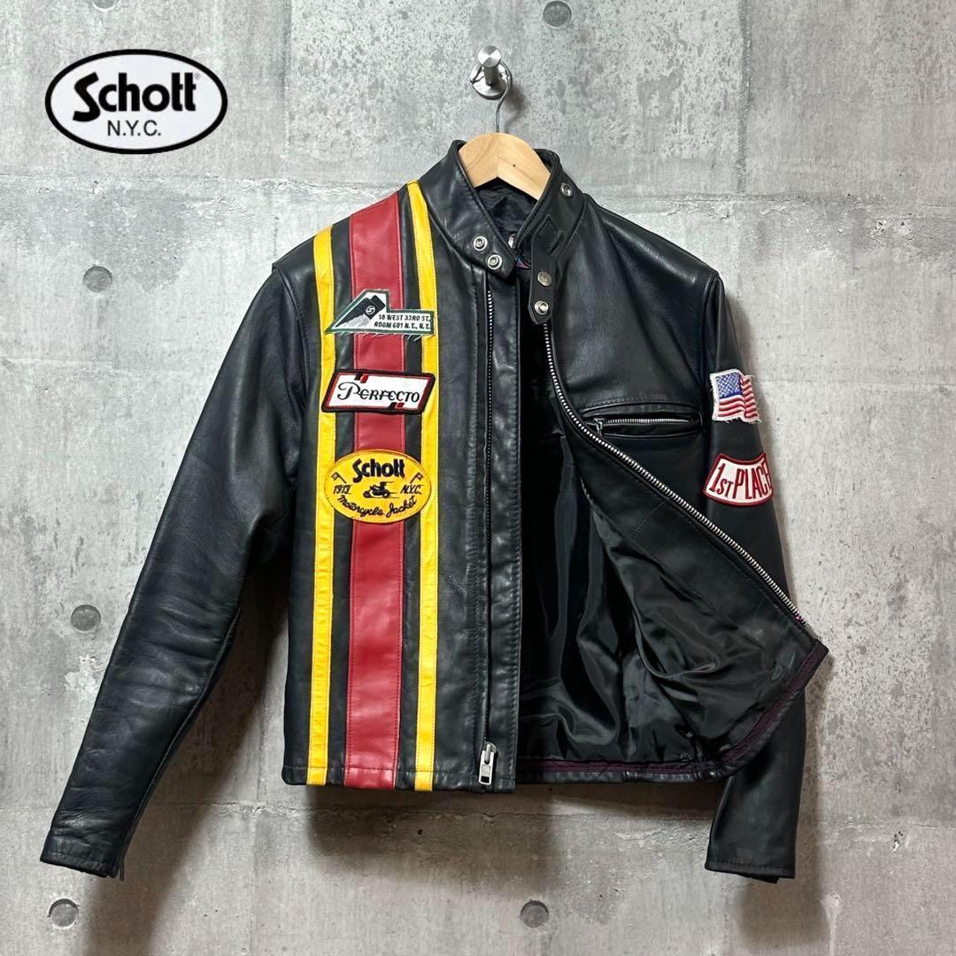 ⭐️即決価格⭐️Schott シングルライダースジャケット　アメリカ製　ワッペン