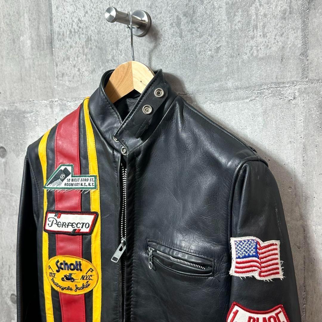 ⭐️即決価格⭐️Schott シングルライダースジャケット　アメリカ製　ワッペン