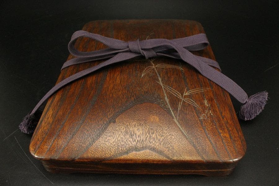 笹蒔絵 板文庫硯 共箱 未使用 文房四宝(A923)