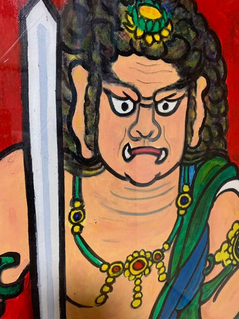 日本画 武神 赤背景 金色フレーム