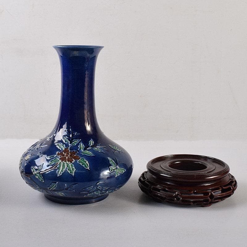 中国　景徳鎮製　藍釉法花花鳥文瓶　唐木台・箱付　V　8055C