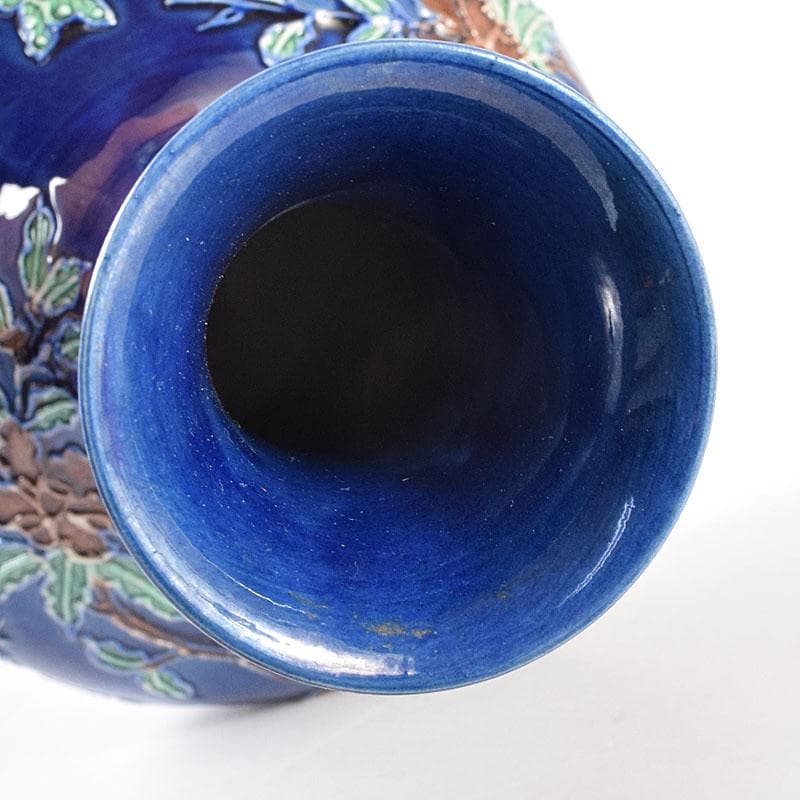 中国　景徳鎮製　藍釉法花花鳥文瓶　唐木台・箱付　V　8055C