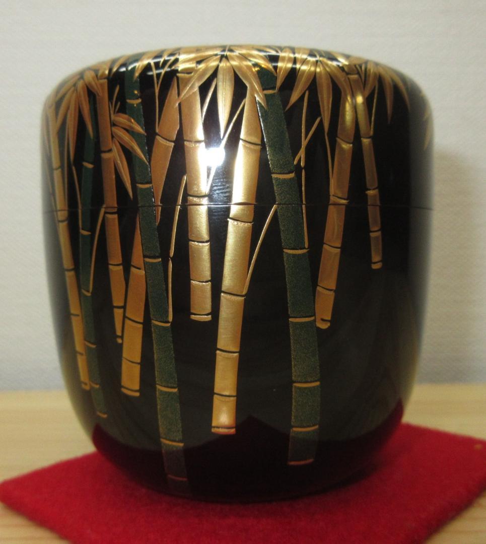 送料込【逢絢亭・新品】茶道具 大棗 山中塗 竹林蒔絵 内銀地 木製 呉藤穣太郎