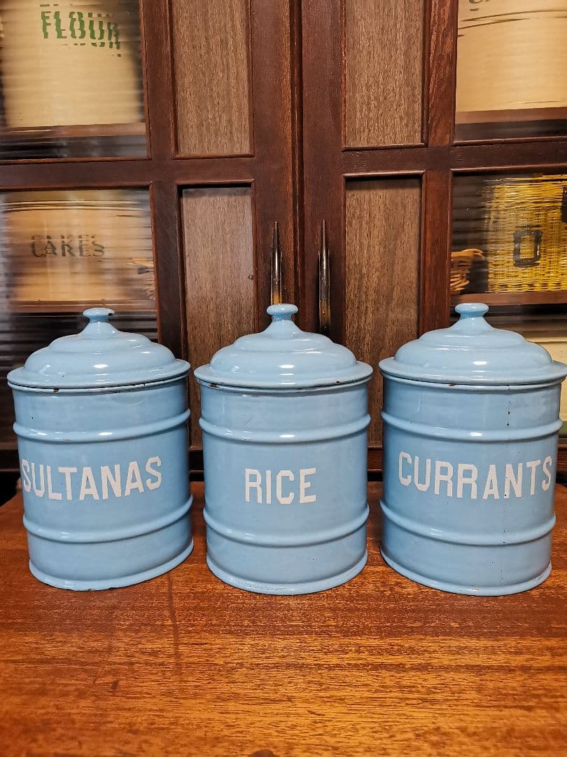 アンティークホーロー水色キャニスター3点セット美品