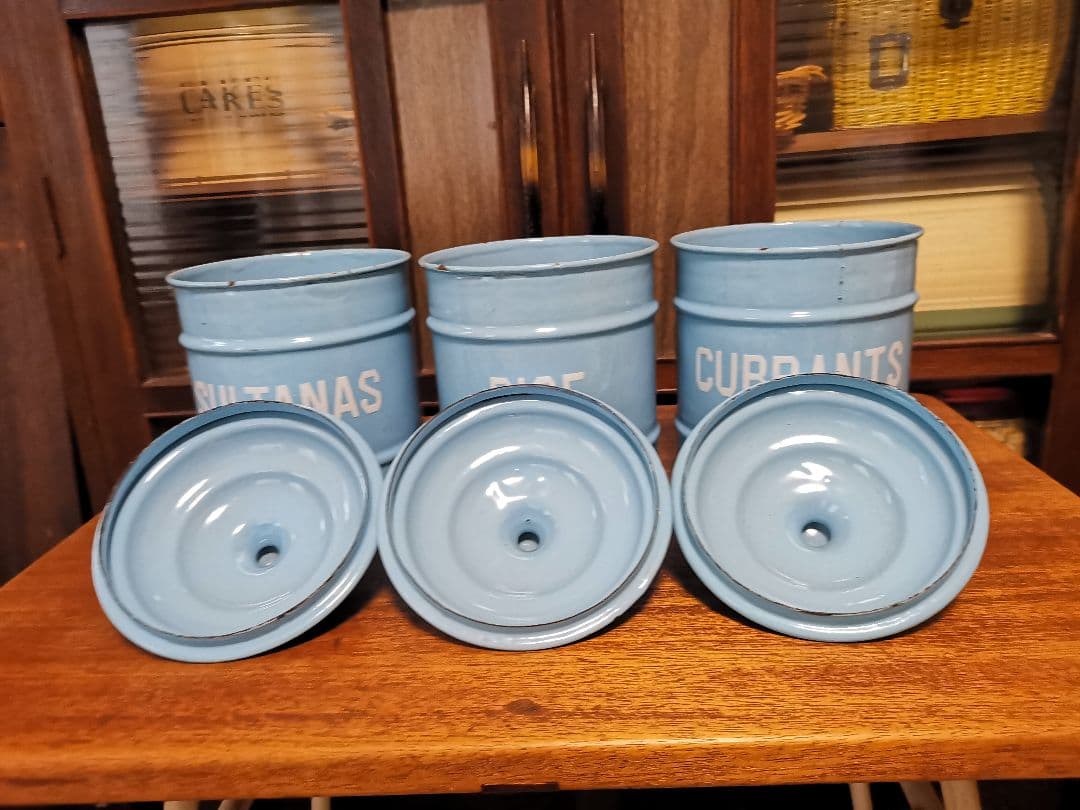 アンティークホーロー水色キャニスター3点セット美品