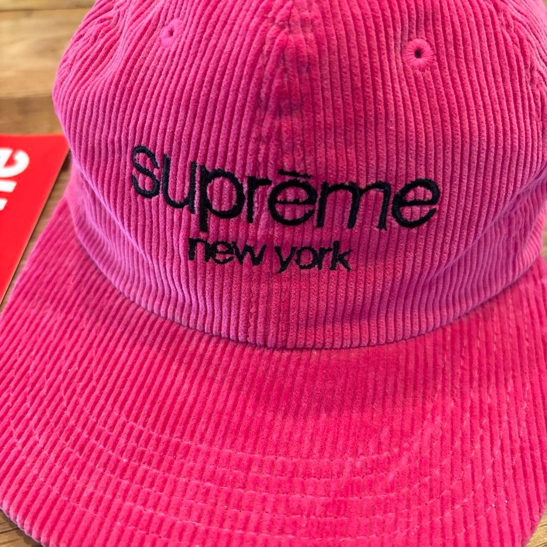 美品Supreme クラシックロゴ コーデュロイキャップ ピンク 刺繍ロゴ