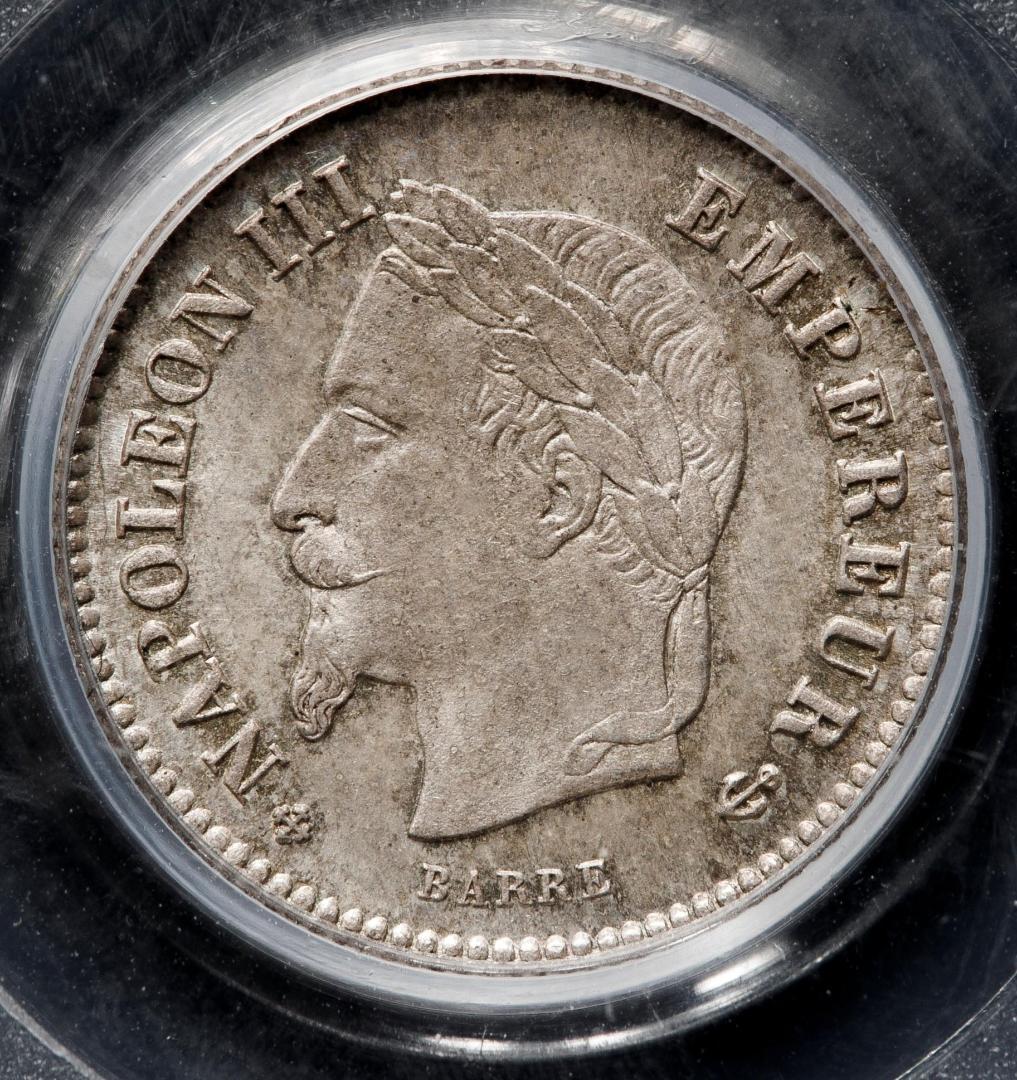 高鑑定　PCGS-MS65 フランス　ナポレオン3世 　1867BB　銀貨