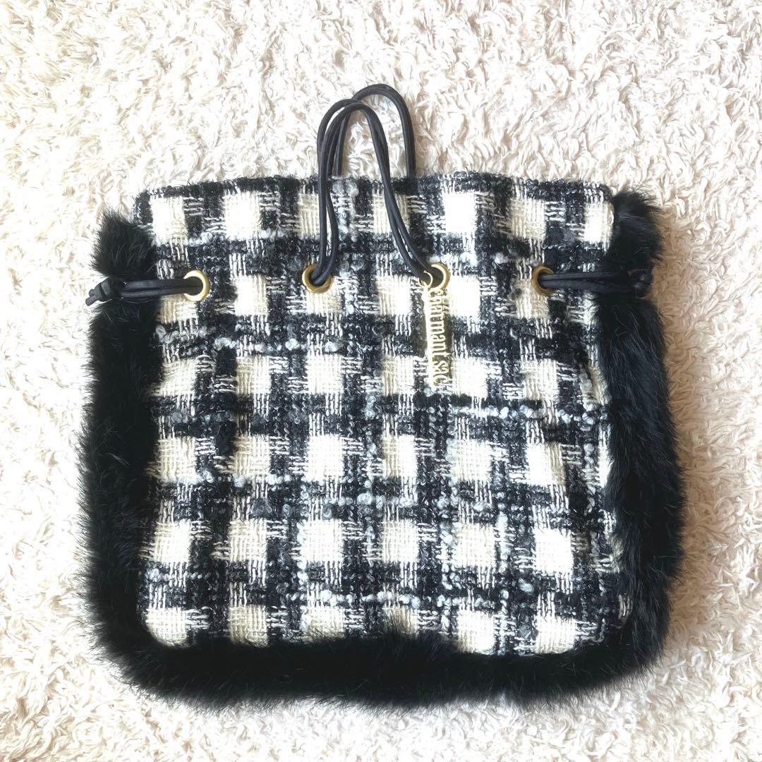 ぷ*ー様 新品◯シャルマントサック ミックスツイード ファー バッグ