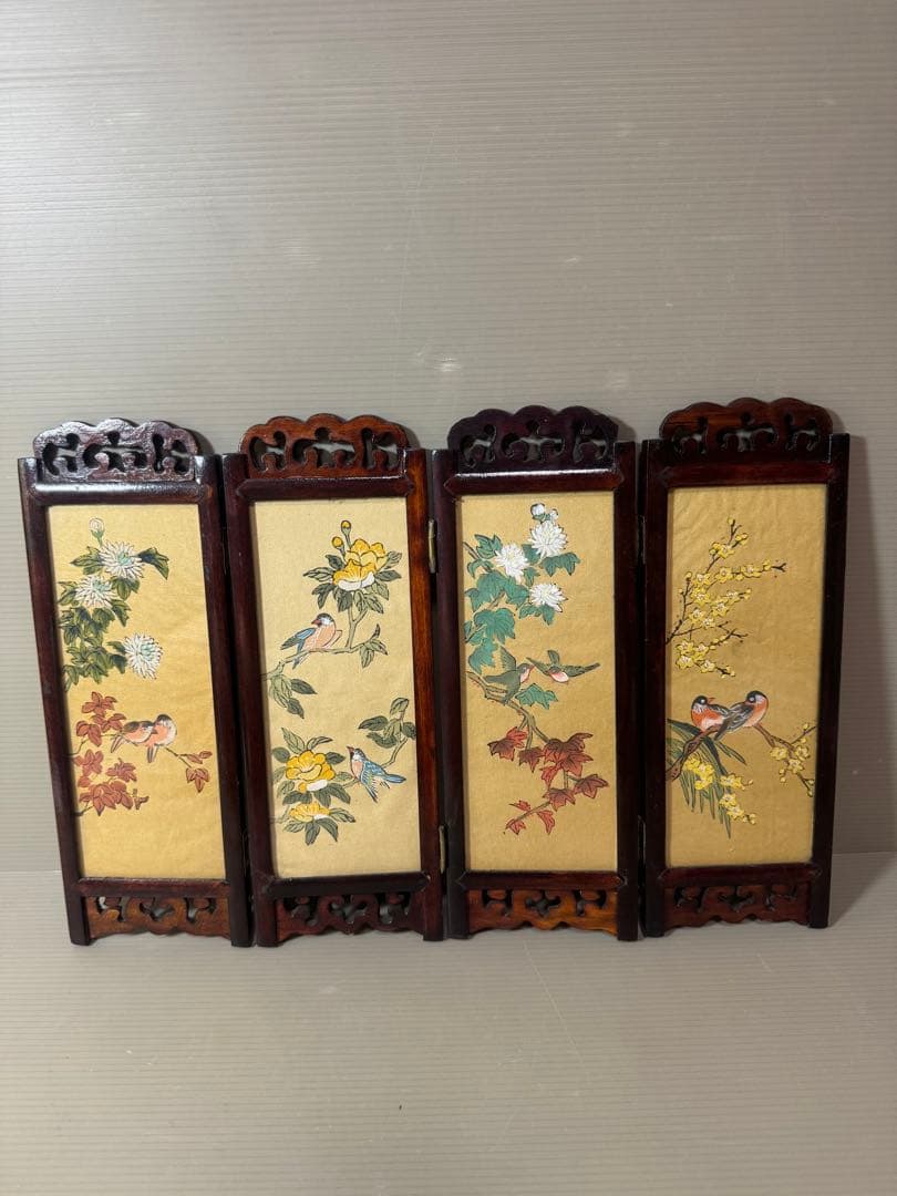 2874 中国美術工芸品　四美人花鳥図　卓上屏風　時代物