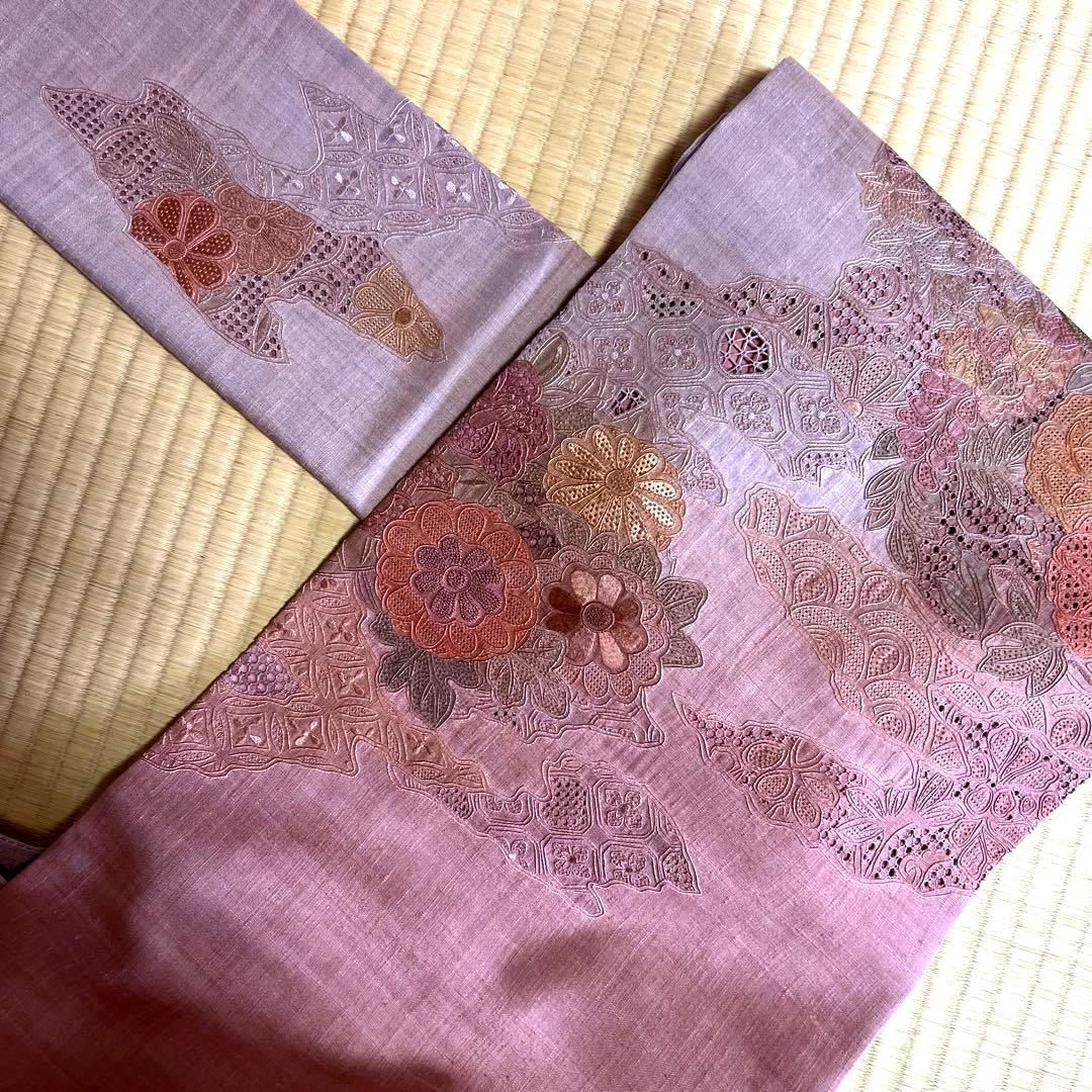 真綿紬　蘇州汕頭刺繍　超豪華　袋帯