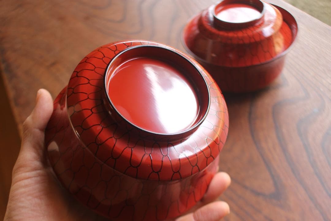 デッドストック！極上朱漆に風情ある網目文の美しい煮物椀2点（検輪島塗懐石道具