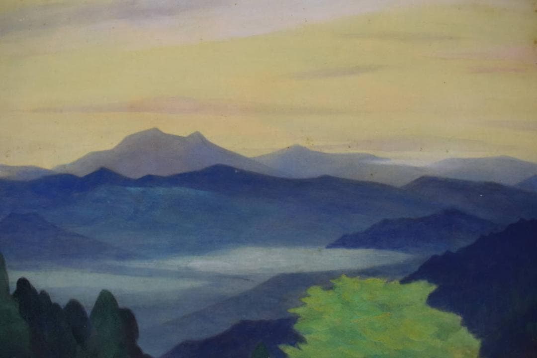 【真作】谷口英雄/湖畔図/山水風景図/横物/岩絵具/掛軸☆宝船☆Y-704　JM