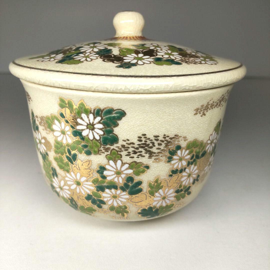 未使用 伝統工芸 薩摩焼 白薩摩 白小菊 蓋付湯呑5客 木箱入り