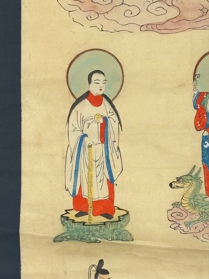 「虚空蔵菩薩他 彩色木版画掛軸」明治期頃 一幅|仏画 仏教美術 木版刷り