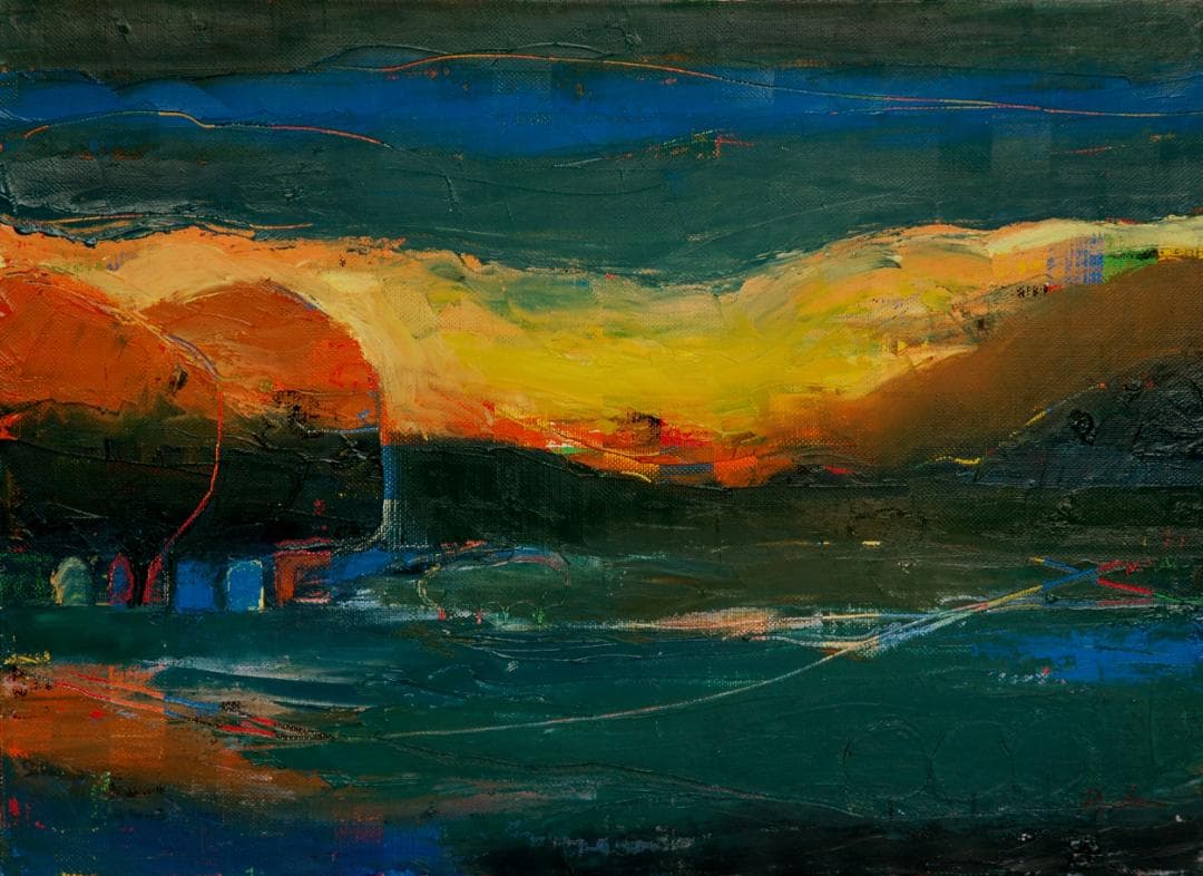 油絵 菅家令子 絵 絵画 インテリア 額付(黒)F4-072212 風景 夕朝陽