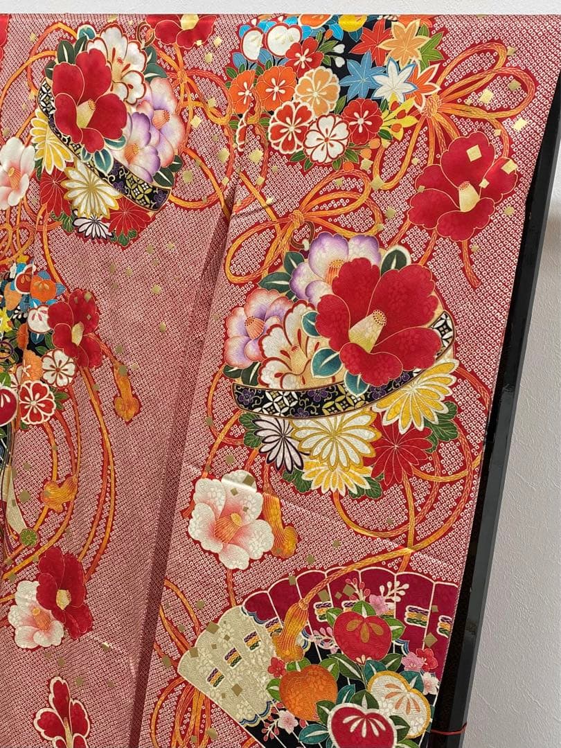 振袖 仮絵羽 京友禅 刺繍 金駒 金彩 紋意匠 椿 正絹 未仕立て品 八掛付き