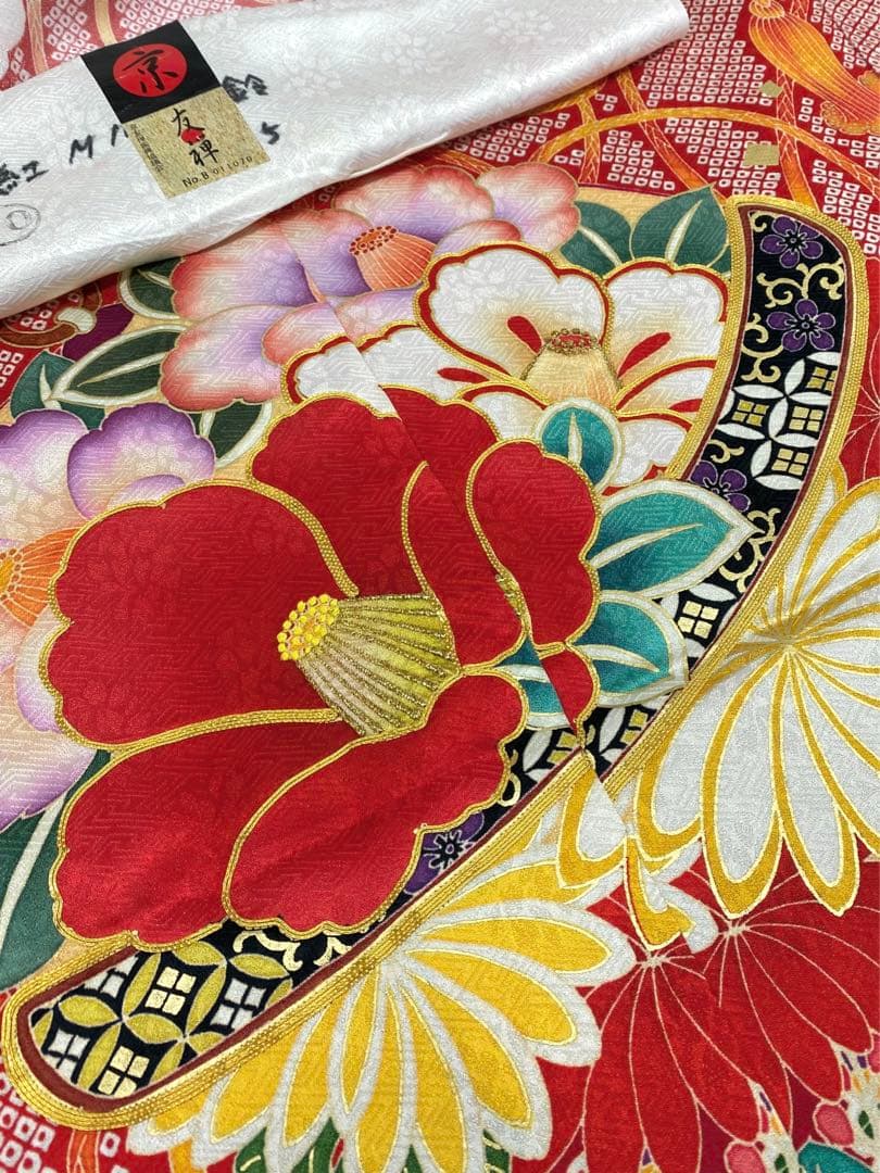 振袖 仮絵羽 京友禅 刺繍 金駒 金彩 紋意匠 椿 正絹 未仕立て品 八掛付き