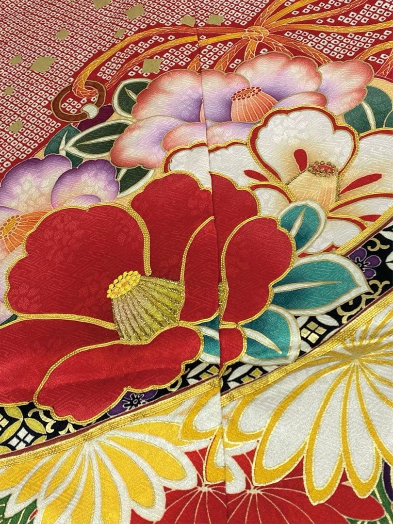 振袖 仮絵羽 京友禅 刺繍 金駒 金彩 紋意匠 椿 正絹 未仕立て品 八掛付き