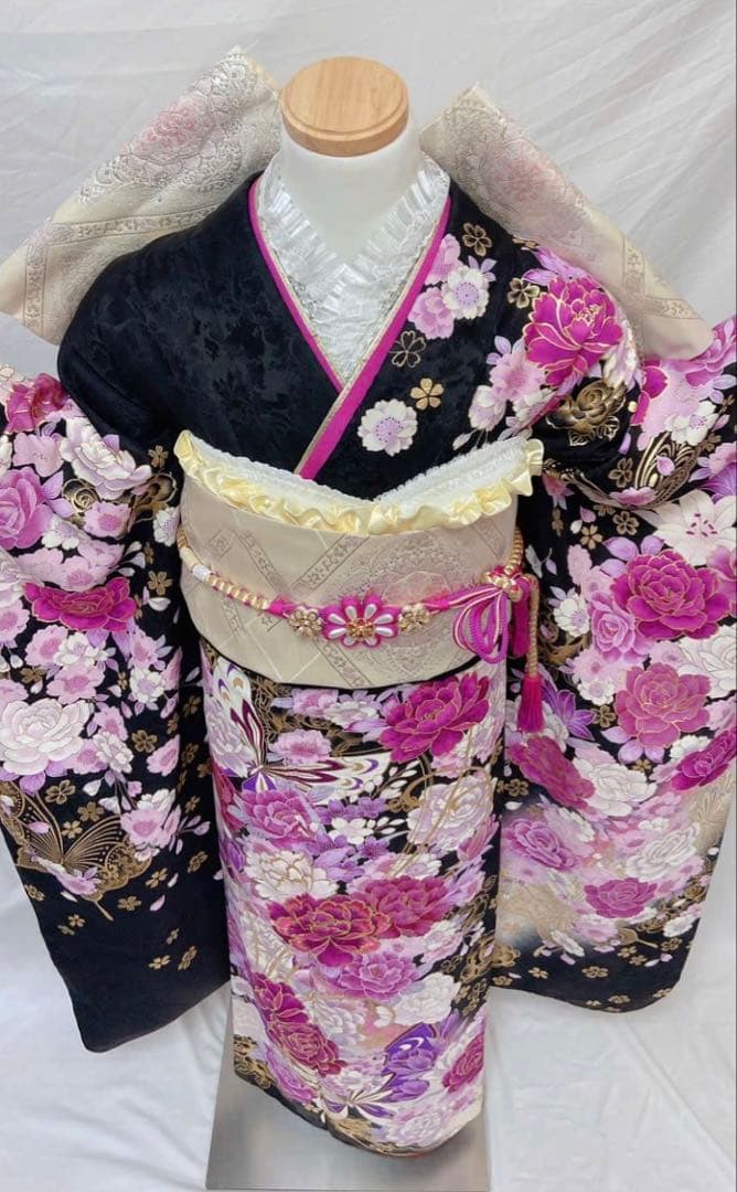 黒地 バラ柄　振袖 成人式　振袖7点セット　振袖フルセット　成人式