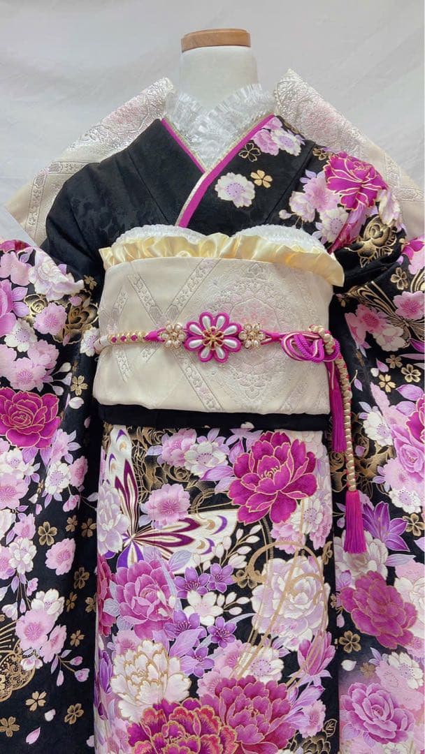 黒地 バラ柄　振袖 成人式　振袖7点セット　振袖フルセット　成人式
