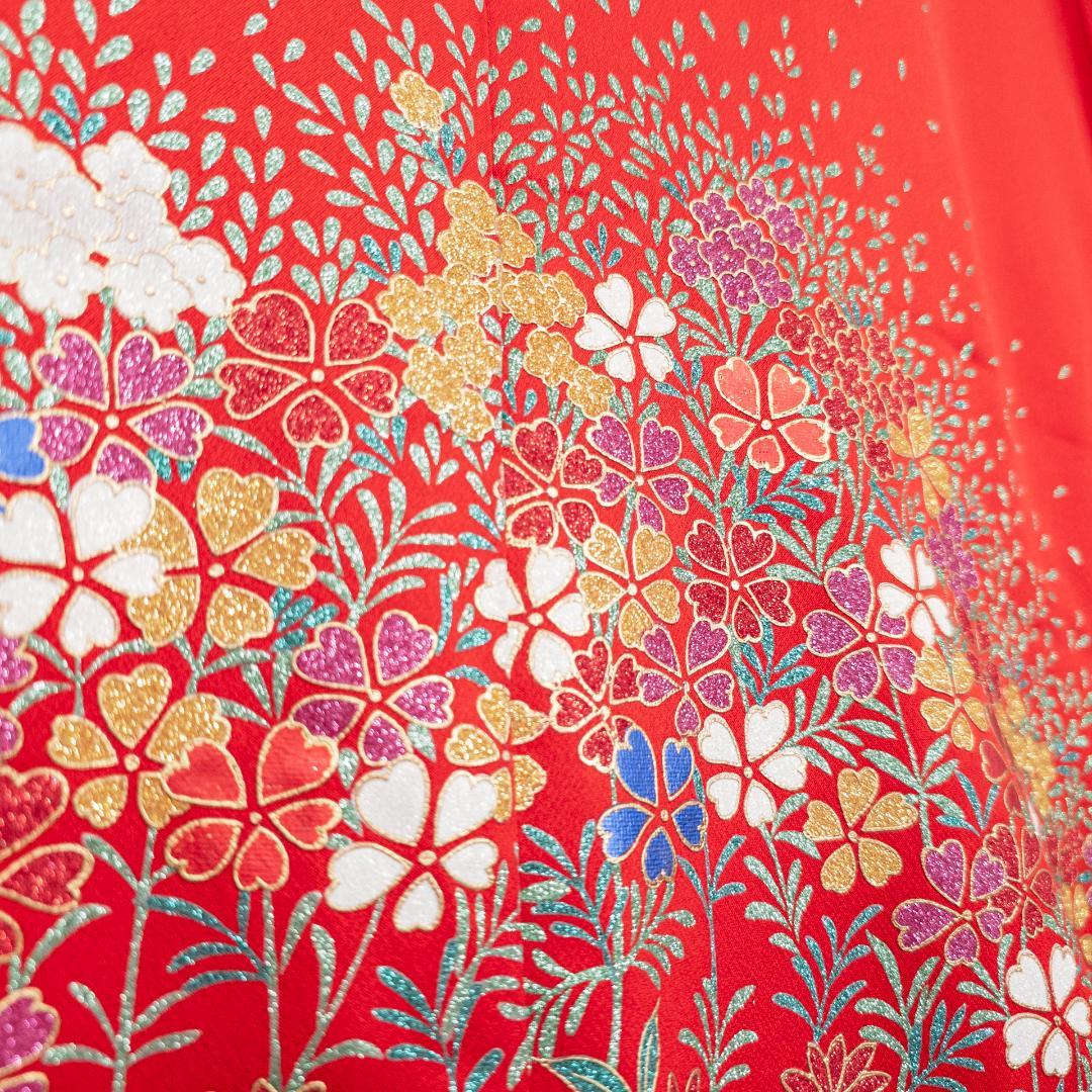 R7SK1289 引き振袖 大振袖 赤 ゴールド 豪華 ラメ 花 シルク 着物