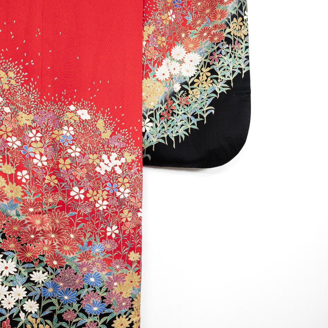 R7SK1289 引き振袖 大振袖 赤 ゴールド 豪華 ラメ 花 シルク 着物