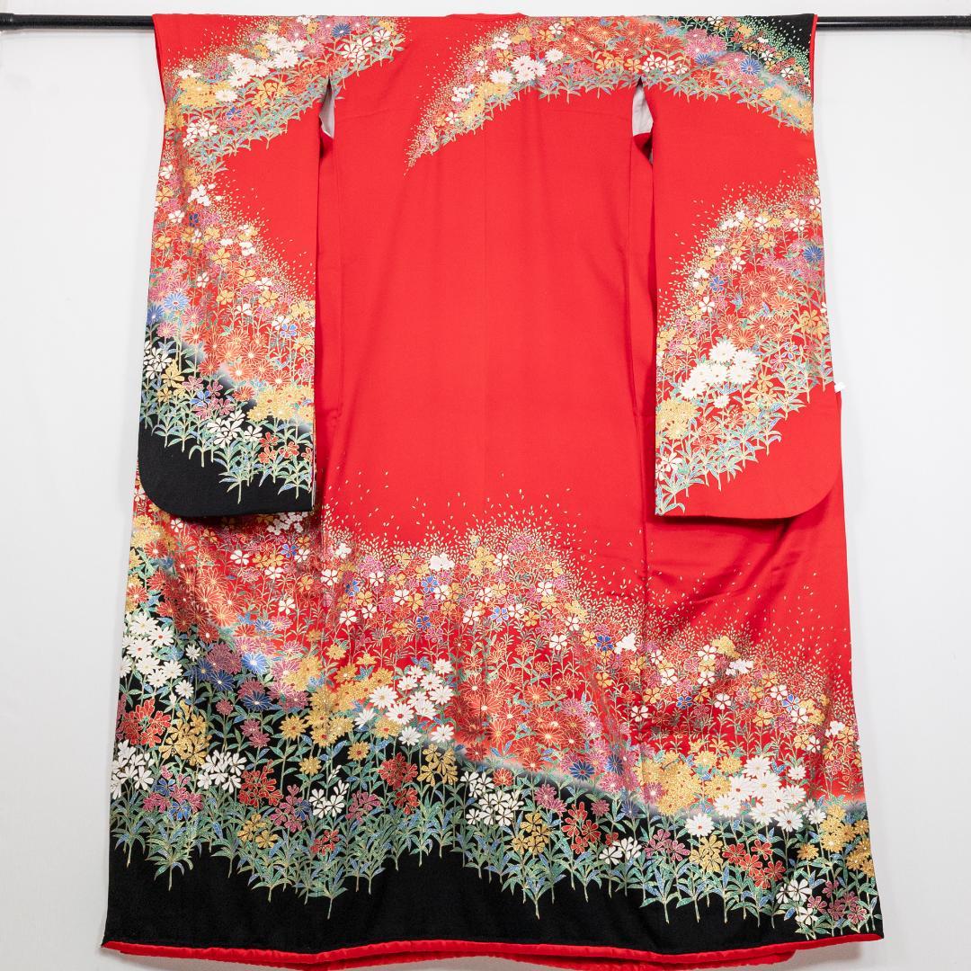 R7SK1289 引き振袖 大振袖 赤 ゴールド 豪華 ラメ 花 シルク 着物