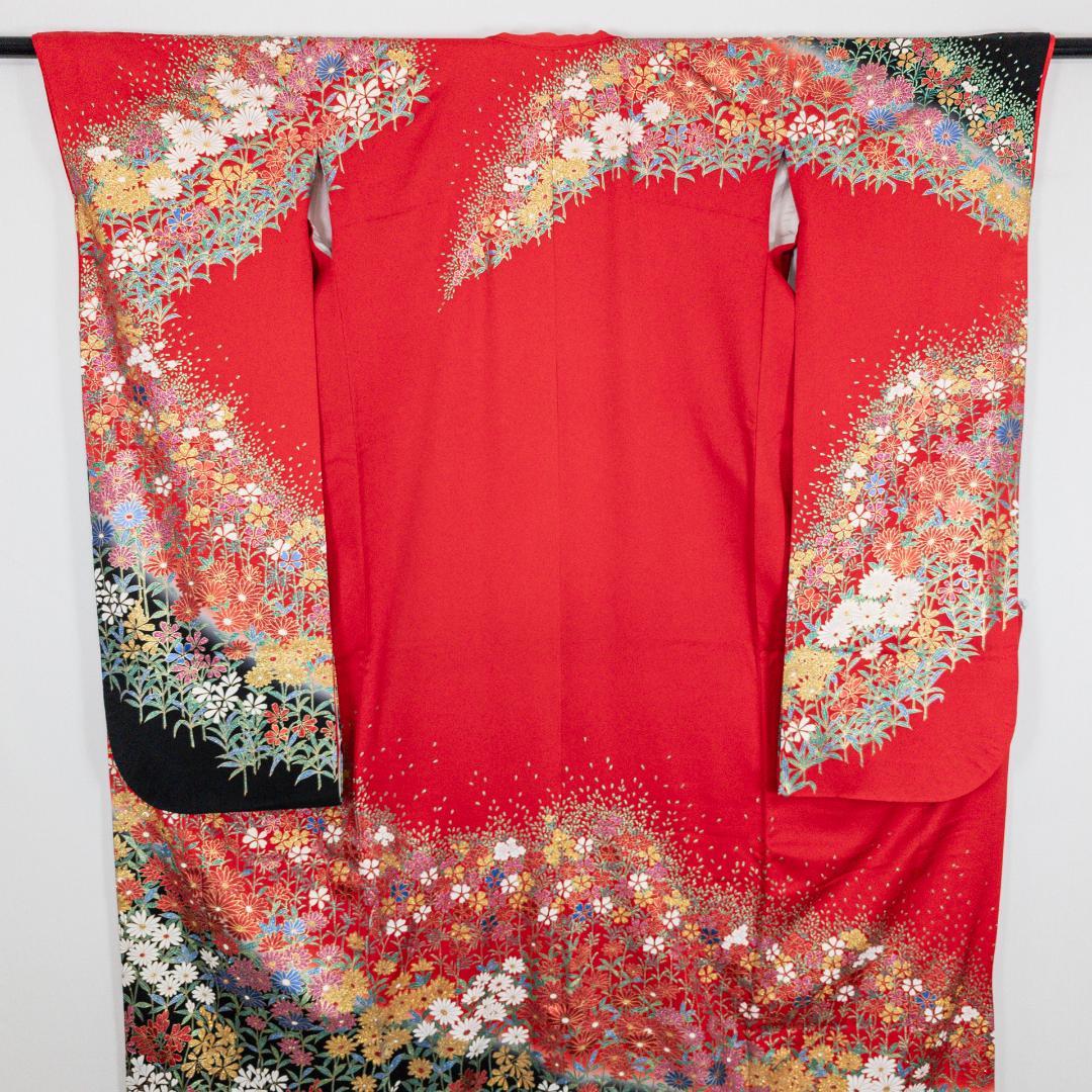 R7SK1289 引き振袖 大振袖 赤 ゴールド 豪華 ラメ 花 シルク 着物