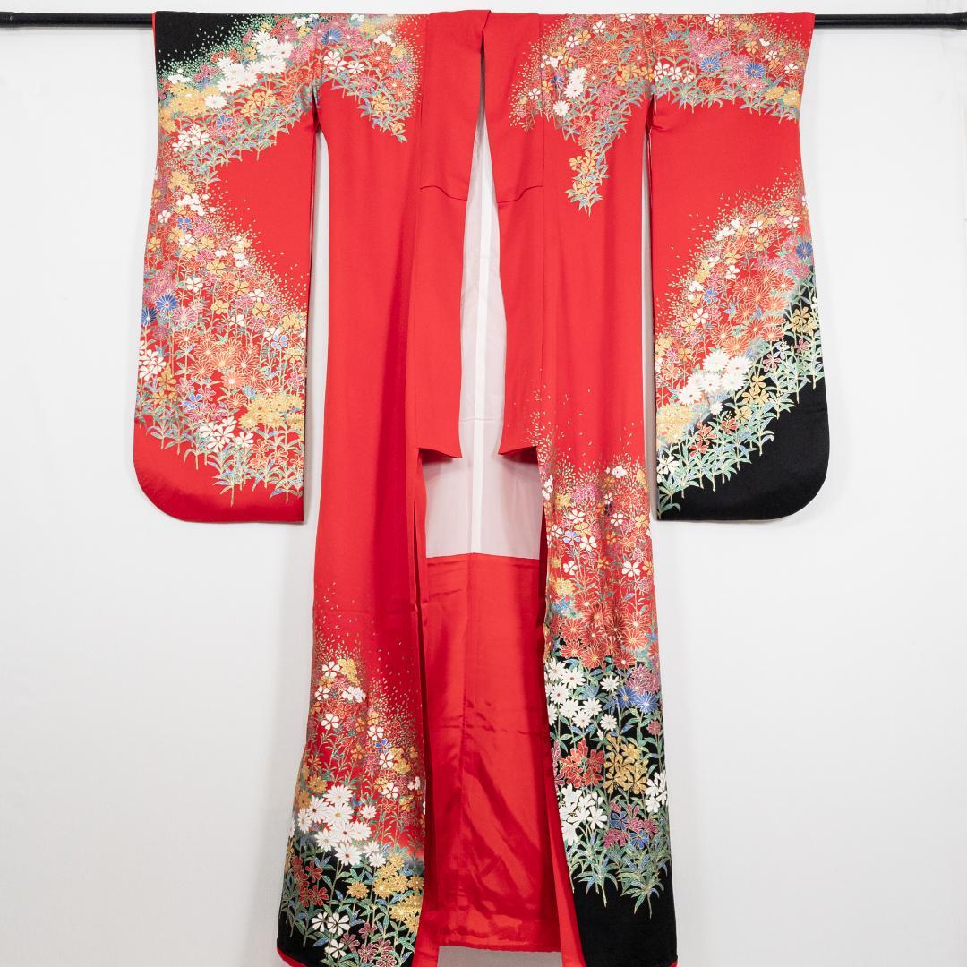 R7SK1289 引き振袖 大振袖 赤 ゴールド 豪華 ラメ 花 シルク 着物