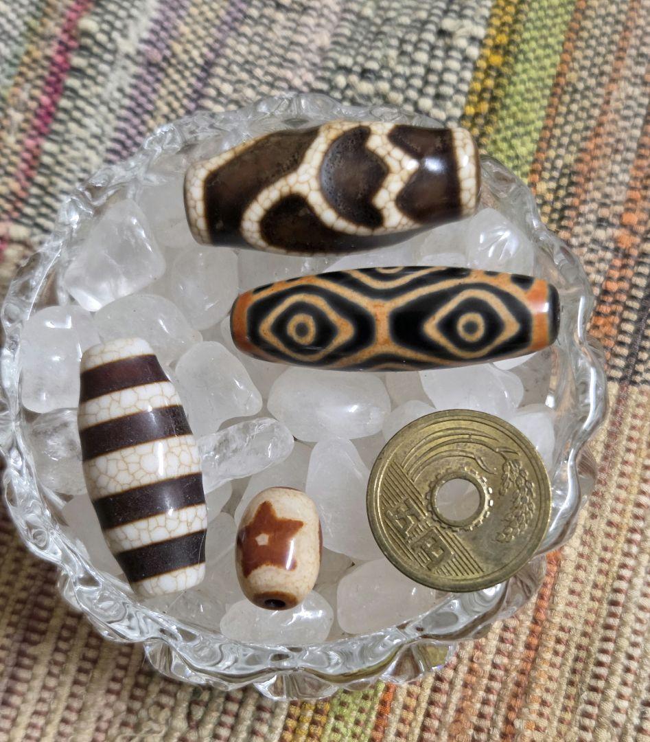 043　天珠４点セット！線珠　蓮花　黄龍眼　日月星　dzibeads！