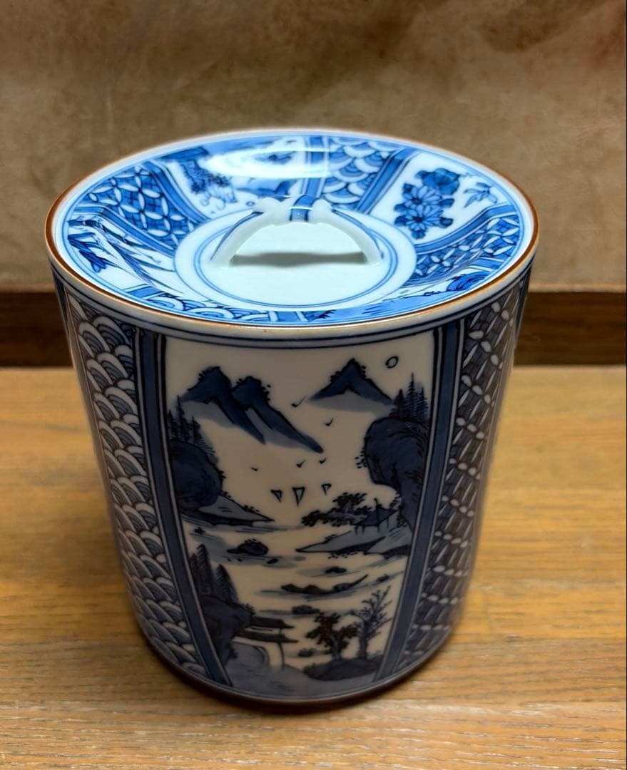 茶道　水指し　染付　山水　菊　竹