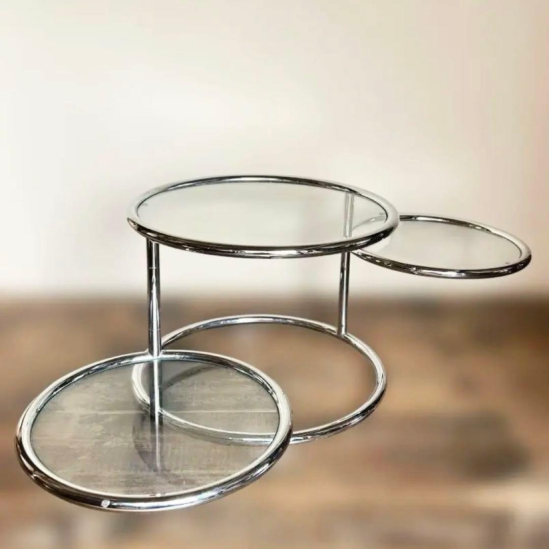 ミッドセンチュリー ガラステーブル４段 丸テーブル 可変式 モダン