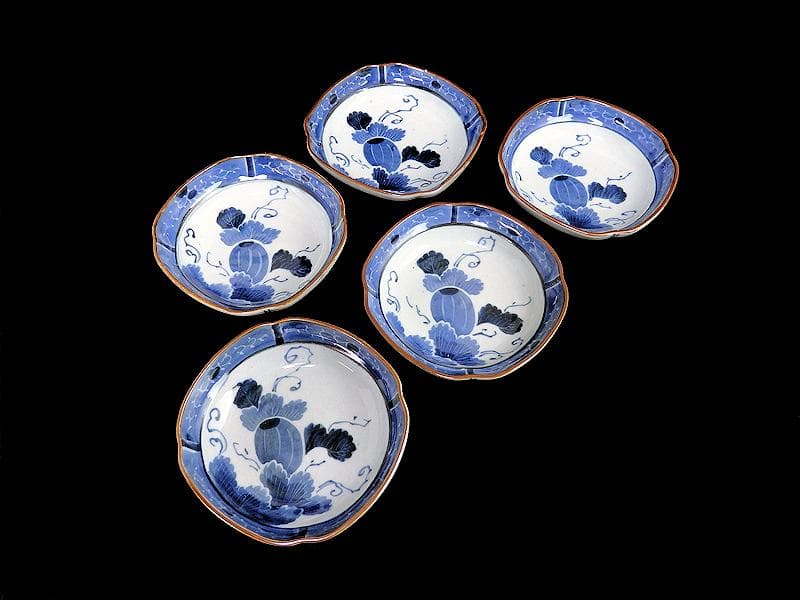 古伊万里　染付　墨弾き　瓜の図　膾皿　5客　C746AS-CEs