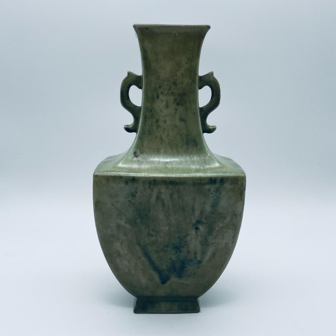 【大正】小森忍 緑釉雙耳瓶 匋雅堂製款 大連市 中国美術 中国古玩