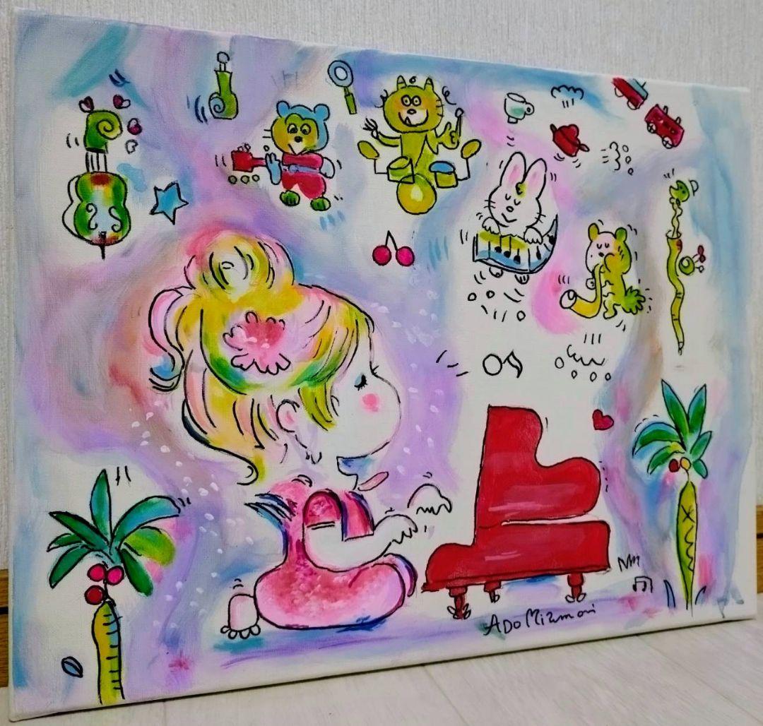 【F6号】水森亜土　手描き作品/表裏サイン・裏描き有/油彩/アクリル/額縁/額装