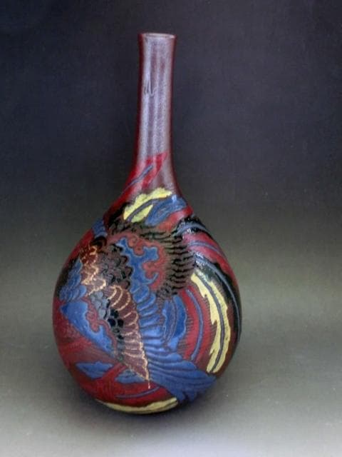 花瓶■色絵備前 鳳凰紋 花生 花器 一輪挿し 徳利型 古美術 時代物 骨董品■