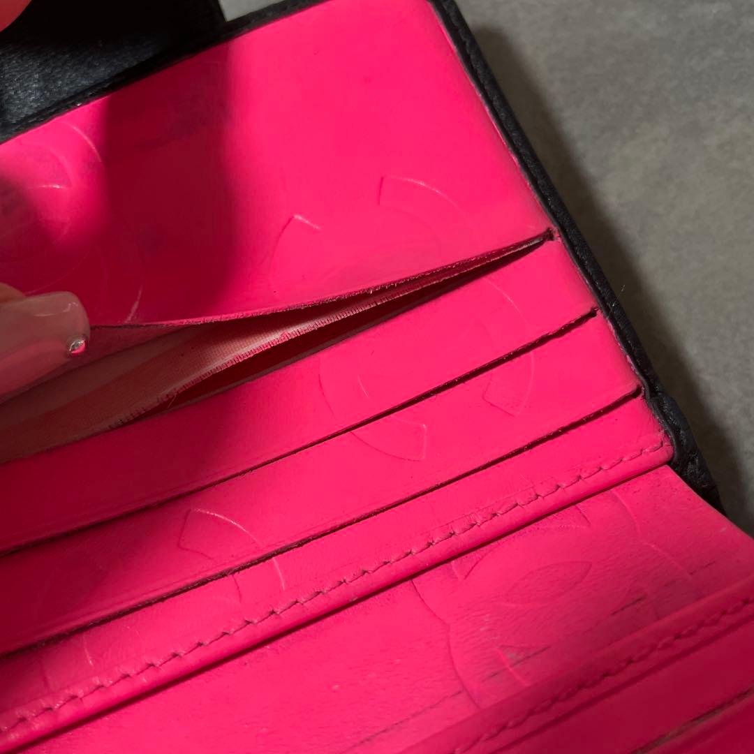 シャネル　カンボンライン　ラムスキン　がま口　折り財布　ブラック　ピンク