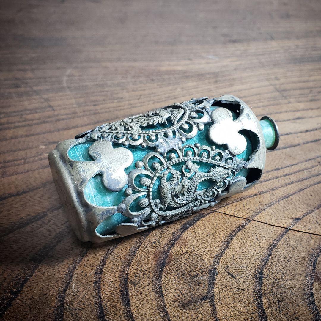 中国骨董　小壺　鼻煙壺　竜　龍　鳳凰　玉石　銘　一輪挿し