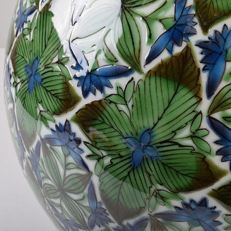 九谷焼　宮川哲爾造　色絵草花更紗文　壷　共布共箱　M　R9261H