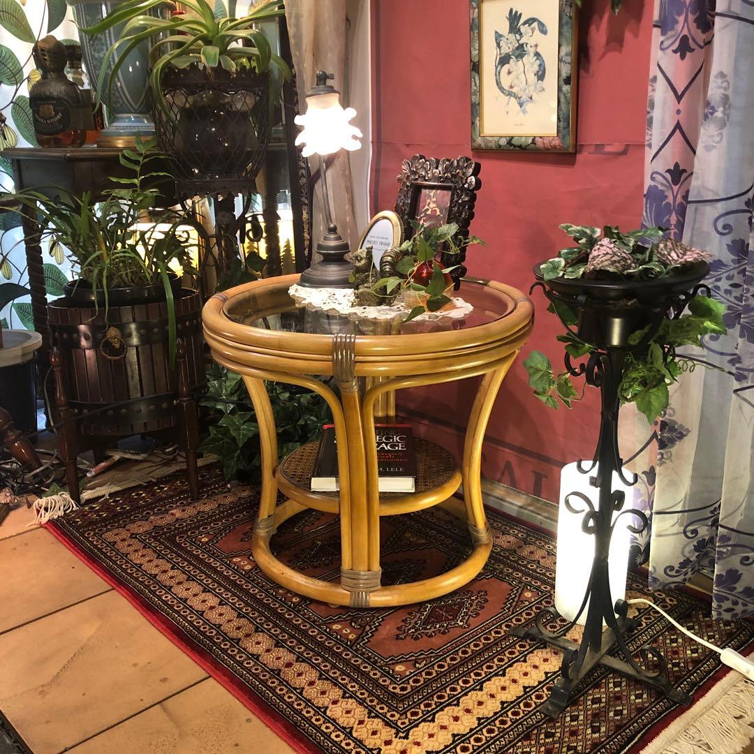 古家具　ヴィンテージ ナチュラル　籐ラタンフレーム サイドテーブル 丸テーブル